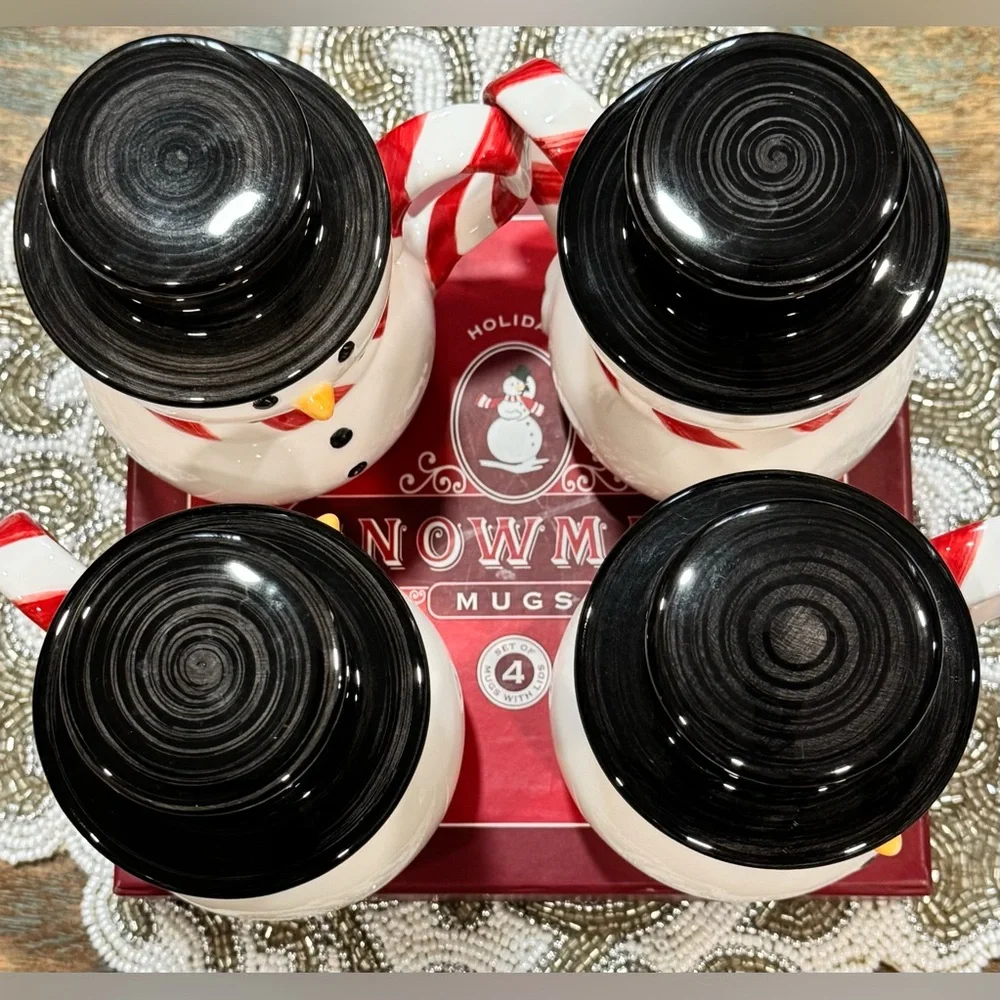 NIB Williams-Sonoma Holiday Snowman Mugs Set of 4 w/ Top Hat Lids – New in Box